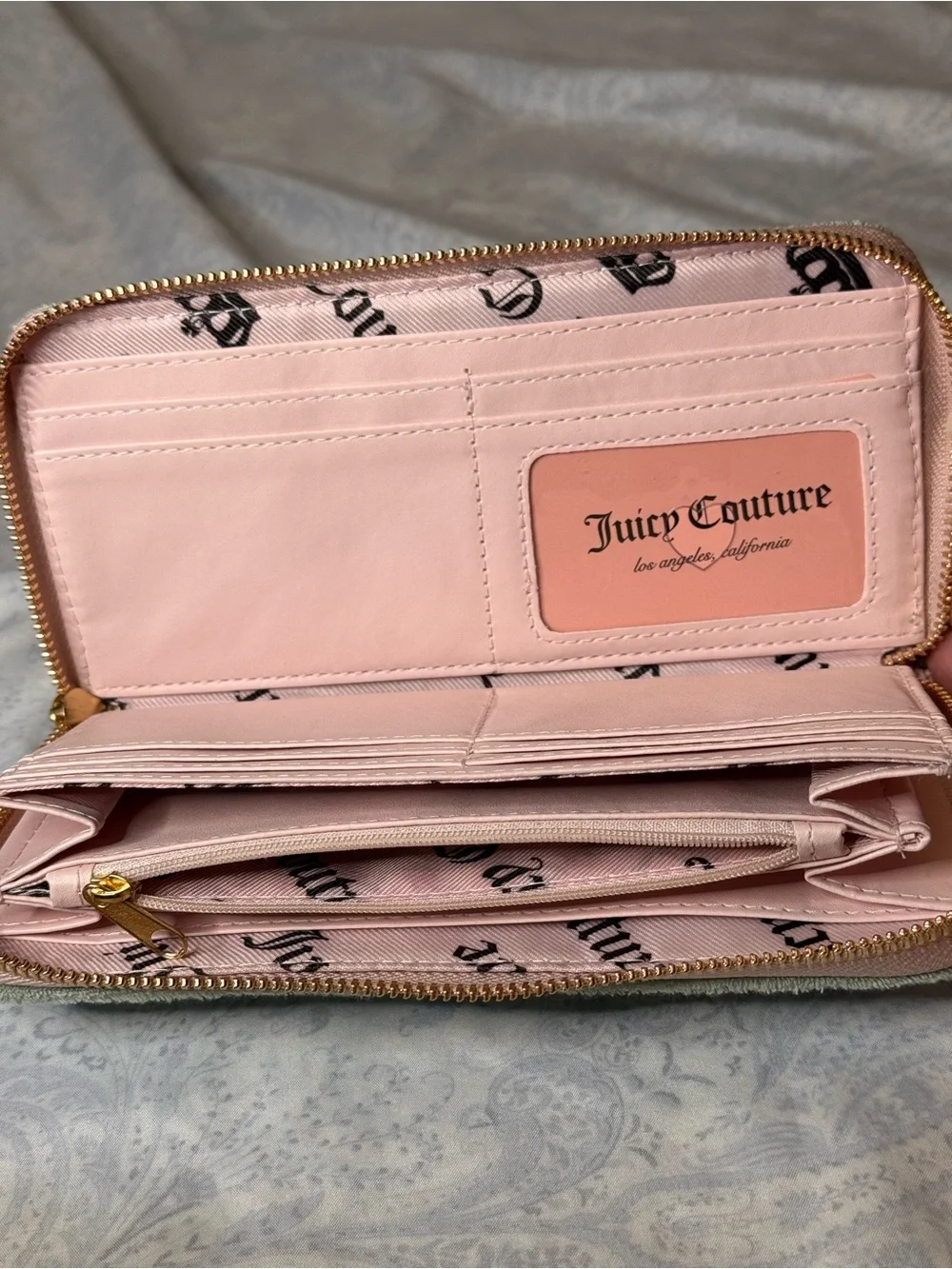 Juicy Couture Soft Terrycloth Mint with Pink Embroidered Logo Wristlet Wallet